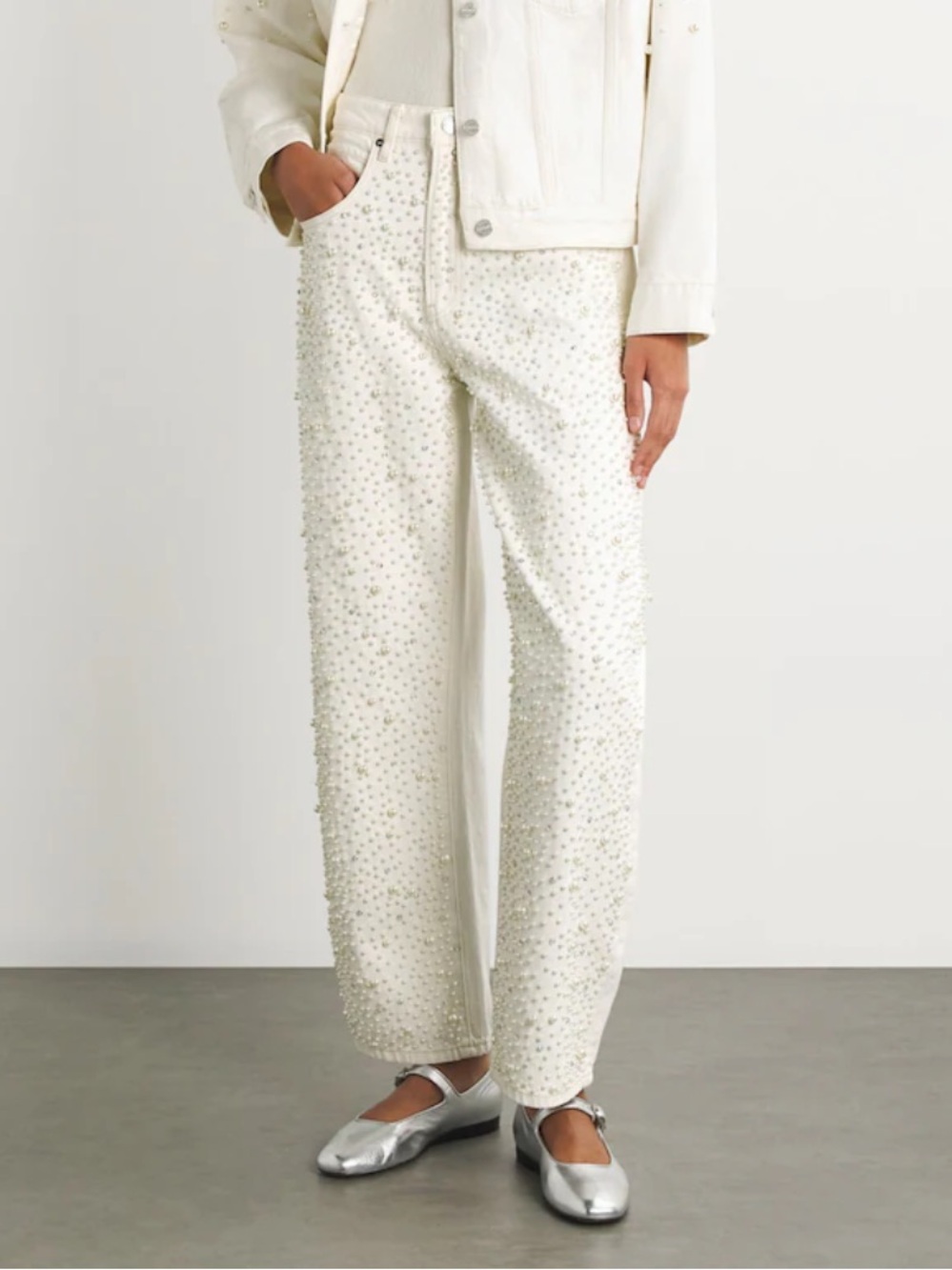 NWT FRAME The Atelier Pearl Barrel in Au Natural Clean Embellished Jeans $1098